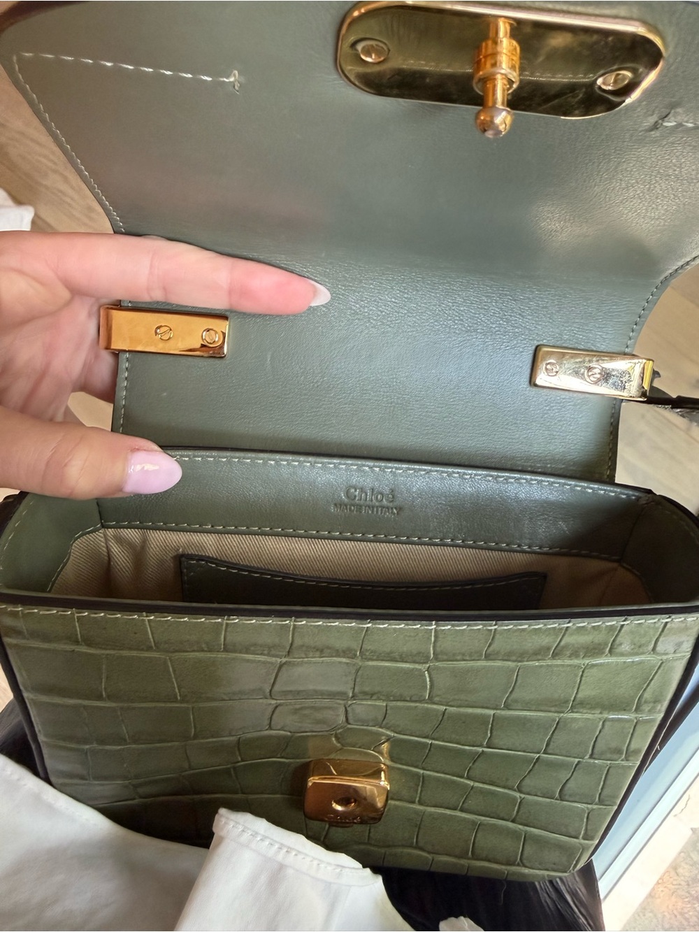 Chloe C Mini Croc-Embossed Green Bag - Picture 5 of 8